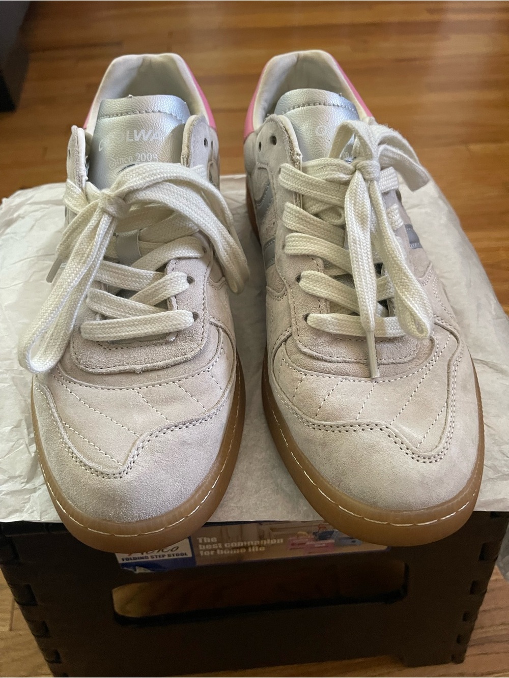 Coolway Women's Suede Sneakers in Beige with Pink Heel
